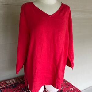 Match Point USA Red 100% Linen Loose 3/4 Sleeve Tunic Top Sz L
